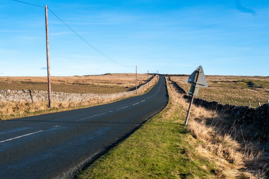 A rural road with a narrow, winding tarmac surface, flanked by grassy verges and stone walls on both sides, extends into the distance under a clear blue sky. Overhead, power lines run parallel to the road, supported by wooden utility poles. On the right side of the road, a leaning traffic warning sign with a blank, triangular face is positioned at an angle, partially obscured by the slope. The surroundings consist of open fields with dry, golden grass and low hills in the background, indicating a countryside location. This scene reflects the typical environment encountered during house removals and furniture transport in rural areas, highlighting the importance of careful navigation through narrow lanes and consideration of parking conditions. For home relocation or moving services, awareness of such lane restrictions and sign placement can be crucial for planning efficient packing and loading processes, as offered by Man with Van Crews Hill.