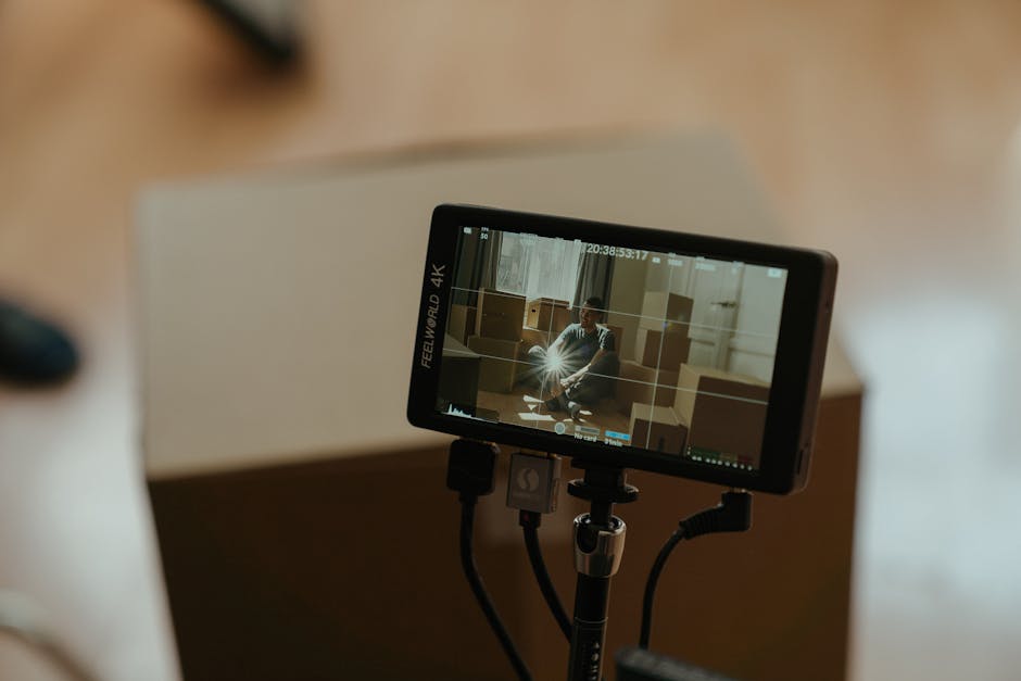 A professional photographer is capturing images of a house removal process using a portable camera setup mounted on a tripod. The digital screen of the camera displays a scene of a room filled with stacked cardboard boxes, wooden crates, and packing materials, indicating packing and moving activities. The room appears well-lit with natural light coming through window panes, and the photographer is positioned in an indoor space, possibly a living room or storage area, with a focus on documenting the logistics of furniture transport and home relocation for Man with Van Crews Hill. The scene emphasizes the detailed preparation involved in house removals, such as packing fragile items and organizing furniture for transport, with the camera aimed at the staged environment for professional documentation of the moving process.