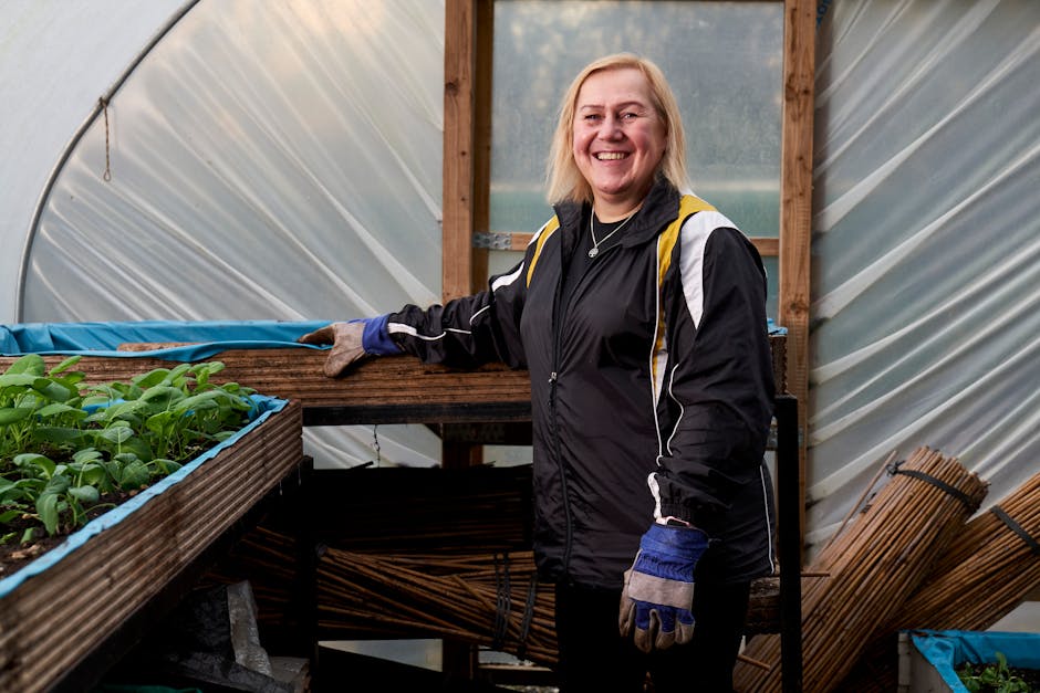 Two workers are engaged in an outdoor moving activity involving a greenhouse. The worker on the left is standing and wearing a black t-shirt and shorts, holding a plastic sheet or covering that is draped over the greenhouse frame. The worker on the right is kneeling on the ground, wearing a wide-brimmed straw hat, a white t-shirt with green text promoting a restaurant, and casual trousers. They are surrounded by leafy green plants growing in the soil, and the greenhouse is constructed with wooden frames and transparent plastic sheeting. The scene occurs in a sunny environment with clear blue skies, with the greenhouse situated on a paved or gravel surface. The activity appears to be part of a garden or home relocation project, with the workers carefully managing the coverings to protect or prepare the greenhouse for transport or assembly, in line with professional removals and moving services offered by Man with Van Crews Hill.